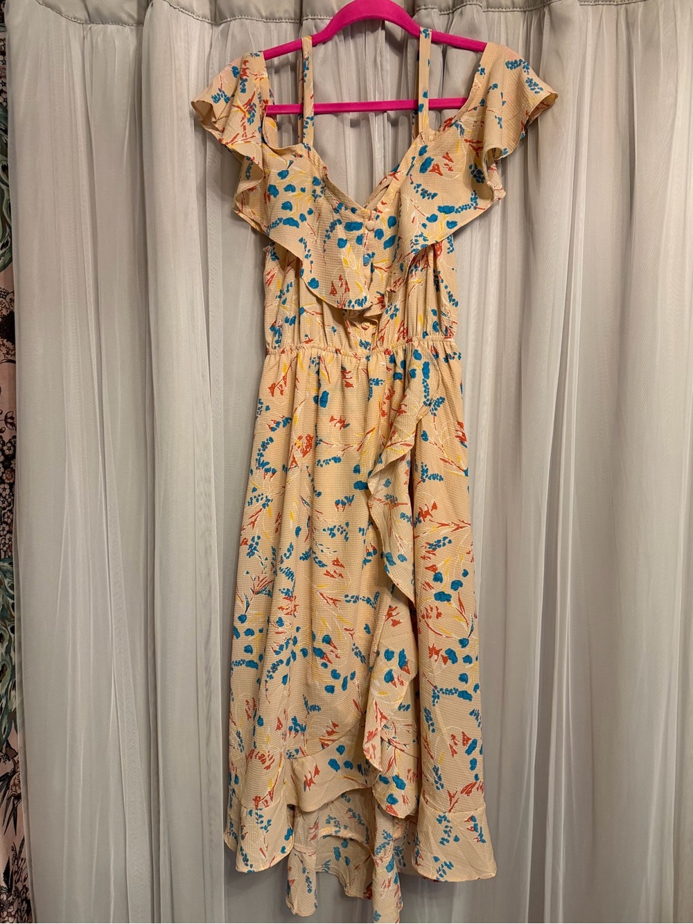 Women's Peachy Pink Floral Maxi Dress with Ruffle Neckline